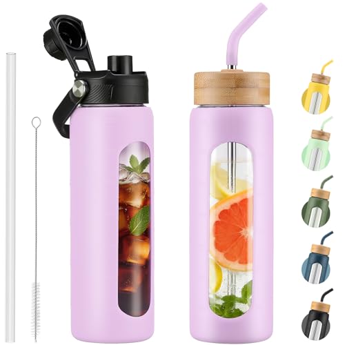 Kodrine 24 oz Glass Water Bottle with Straw & Spout Lids, Motivational Time Marker, Borosilicate Glass Bottle with Silicone Sleeve, Leakproof, Wide Mouth, BPA-Free for Gym, Fitness-Light Purple - color: Light purple, size: 24 Ounces