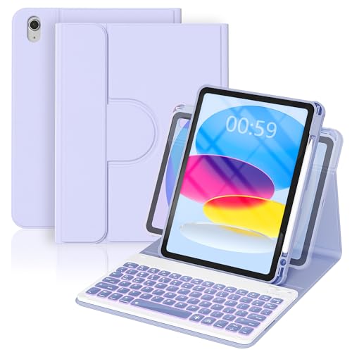 YBING Keyboard Case for iPad 10th Gen 10.9 inch(2022) & 11th Gen(A16, 2025), 7-Color Backlit Detachable Keypad & Rotatable Magnetic Case with Pencil Holder (Purple) - color: Purple