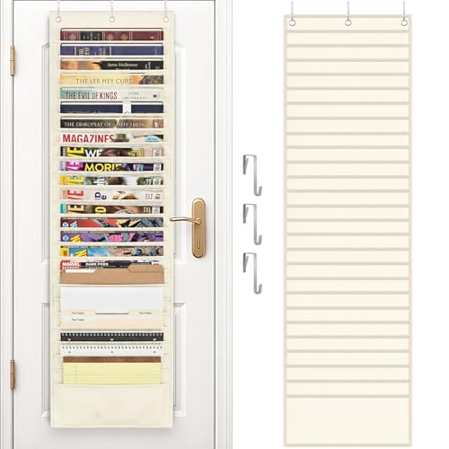 26-Pocket Over The Door File Organizer - Vertical Hanging Storage for Magazines, Documents & Paper, Heavy-Duty Door Organizer for Office, Classroom & Home - color: Beige