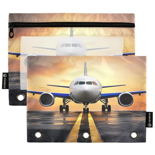 Gredecor 3 Ring Binder Pencil Pouch, Airplane Airport Zippered Pen Case Pouches with Clear Window, 2 Pack Stylish Office & School Supplie - color: Airplane Airport