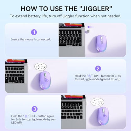 TECKNET Wireless Mouse Jiggler, Rechargeable Mouse with Built-in Mouse Mover, 6 Adjustable DPI & 14 LED Modes, Silent Click, Undetectable Random Movement Keeps Computer Awake for Laptop/PC/Mac- Purple - color: Purple