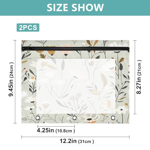Pencil Pouch for 3 Ring Binder Sage Florals 2 Pack Large Pencil Case Pouch with Zipper & Grommets, Clear Binder Bag, School Office Supplies