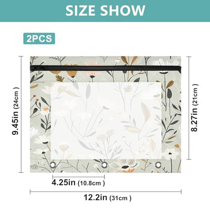 Pencil Pouch for 3 Ring Binder Sage Florals 2 Pack Large Pencil Case Pouch with Zipper & Grommets, Clear Binder Bag, School Office Supplies
