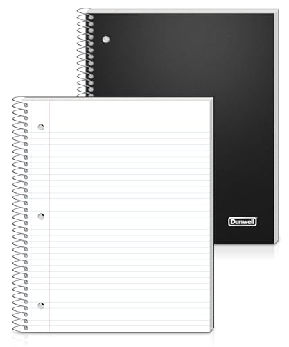 Dunwell 3-Subject Notebook College Ruled (Black), Spiral Notebook 8.5 x 11, Plastic Cover, 3 Pocket Dividers, 150 Sheets (300 Pages), 3-Hole Punched Perforated 8 1/2 x 11 Paper - color: Black