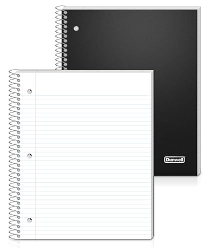 Dunwell 3-Subject Notebook College Ruled (Black), Spiral Notebook 8.5 x 11, Plastic Cover, 3 Pocket Dividers, 150 Sheets (300 Pages), 3-Hole Punched Perforated 8 1/2 x 11 Paper - color: Black