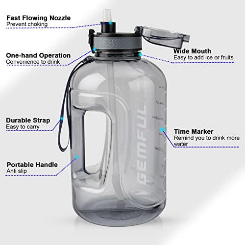 GEMFUL Water Bottle with Straw Time Marker Large BPA-Free Leakproof Jug for Gym Sports Hiking Motivational Tracking for Men Women 74oz and 101oz