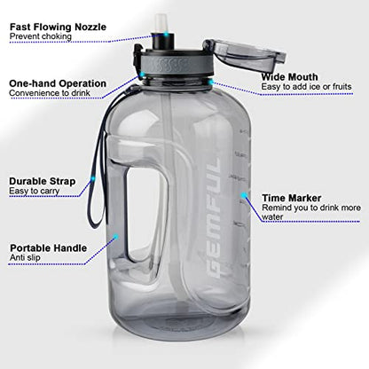 GEMFUL Water Bottle with Straw Time Marker Large BPA-Free Leakproof Jug for Gym Sports Hiking Motivational Tracking for Men Women 74oz and 101oz