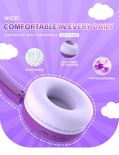 Kids Bluetooth Headphones,Toddler Headphones with Microphone,85dB Volume Limited,Bluetooth 5.4 Twistable Lightweight Kids Wireless Earphones for Boy Girl Tablet Travel School - color: Purple