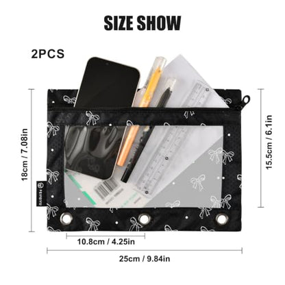 Pencil Pouches for 3 Ring Binder Bow Black 2 Pack Zipper Pencil Case Bags with Clear Window for Classroom School Office Supplies - color: Black Bow