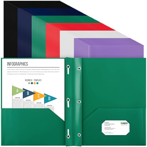 Cholemy 72 Packs Pocket Folders with Prongs Heavy Duty Plastic Folder with Business Card Slot 3 Prong Fasteners for School Office (Dark) - color: Dark