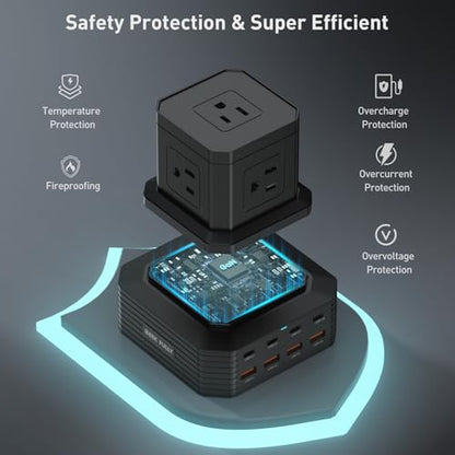 Charging Station (100W), 13-in-1 USB C Power Strip with Surge Protection, 6.6Ft Extension Cord, 4 USB C and 4 USB A Ports, 5 AC Outlets for Home Office Dorm Room - size: Single-Deck
