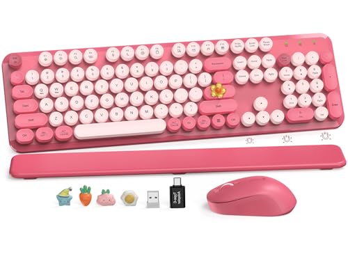 Wireless Keyboard and Mouse Combo, Cute Hot Pink Full-Size Retro Typewriter Keyboard with Round Keycaps, Magnetic Wrist Rest, Tilt Legs, 2.4GHz Cordless for Mac, Windows PC, Laptop, SABLUTE CK23 - color: Hot Pink