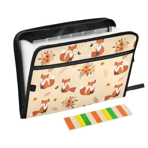 13 Pockets Cartoon Fox Expanding File Folder with Color Labels Animal Desktop Organizer Folder Letterhead A4 Paper File Storage Organizer Water-Resistant and Durable - color: Cartoon Fox Animal