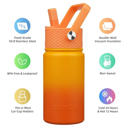 BJPKPK Insulated Water Bottle, 15oz Stainless Steel with Straw Lid | Leak Proof, BPA-Free, Vacuum Insulated, Keep Drink Cold & Hot, Metal Water Bottle for Travel, Gym, Office, Cupholder Friendly - color: Sunset Orange, style: N-15oz-Color Lid
