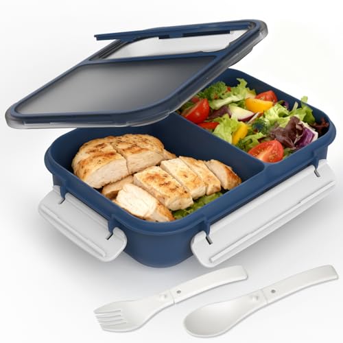 WHALEHOUSE Large Capacity Bento Lunch Box for Adult, 1600ML 2 Compartments Meal Prep Container with Utensil, Airtight Food Storage Container with Snap Locking Lids, Microwave/Dishwasher/Freezer Safe - color: 1600mL-Dark Blue