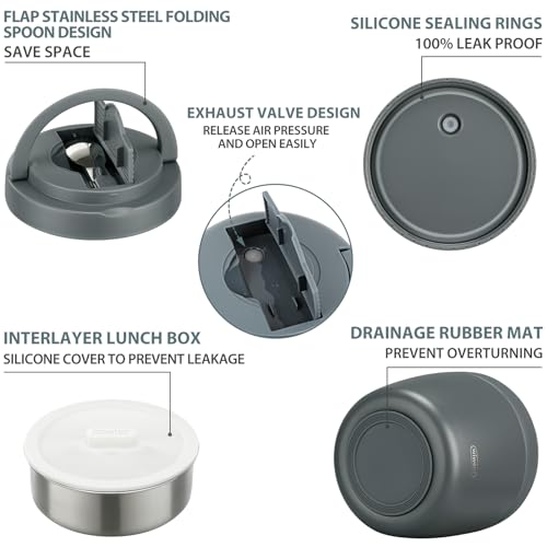 wiwens Thermo Food Jar for Hot Food Adults 32OZ Soup Thermo Lunch Containers Wide Mouth Vacuum Insulated Stainless Steel Leakproof Bento Box with Spoon (Grey) - color: Gray