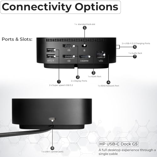 HP USB-C Dock g5 and Charging Bundle - HP Docking Station Dual Monitor 5TW10AA / 5TW10UT / 5TW10AA#ABB with 120W Adapter, HDMI, DisplayPort, USB-C Cables + Microfiber Cloth (Renewed)
