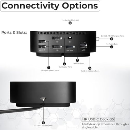HP USB-C Dock g5 and Charging Bundle - HP Docking Station Dual Monitor 5TW10AA / 5TW10UT / 5TW10AA#ABB with 120W Adapter, HDMI, DisplayPort, USB-C Cables + Microfiber Cloth (Renewed)