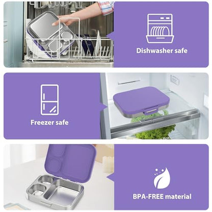Pawtong Stainless Steel Bento Lunch Box for Kids | 3-Compartment Lunch Box Container Kids | 100% Leakproof, Eco-Friendly, Perfect Portion Control for Kids&Adult Healthy Meals (Purple) - color: Purple