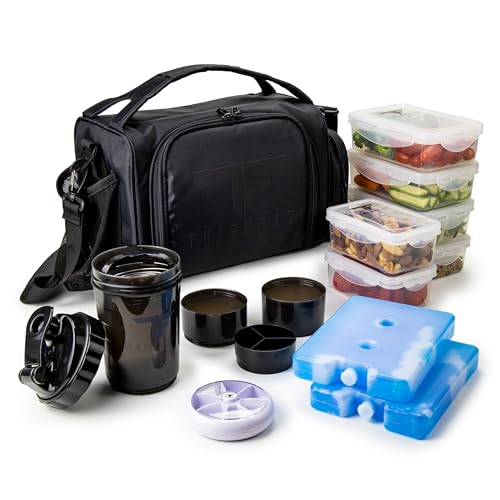 ThinkFit Insulated Meal Prep Lunch Box with 6 BPA-Free, Reusable, Microwavable, Freezer Safe Food Portion-Control Containers, Shaker Cup, Pill Organizer, Lunch Bag with Storage Pocket - (Black) - color: Black
