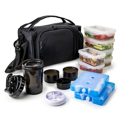 ThinkFit Insulated Meal Prep Lunch Box with 6 BPA-Free, Reusable, Microwavable, Freezer Safe Food Portion-Control Containers, Shaker Cup, Pill Organizer, Lunch Bag with Storage Pocket - (Black) - color: Black