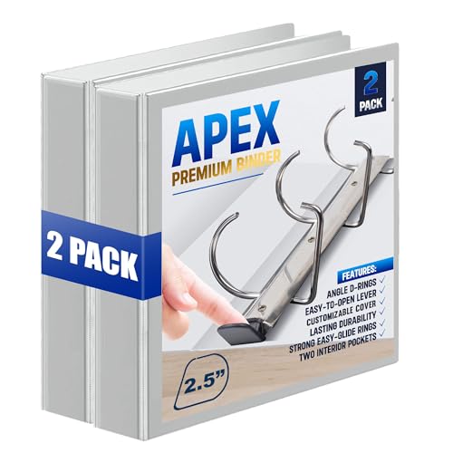 2 Pack of 2.5” Smooth Opening Angle D-Ring View Binders, Professional Presentation Folder for Standard Pages with Inside Pockets, and Customizable Clear View Binder PVC-Free