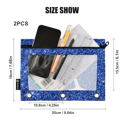Personalized Pencil Pouch for 3 Ring Binder Blue Glitter Texture Custom Pencil Pouches Case Binder Cosmetic Bag 2 Pack for Office School College Supplies - color: Blue Glitter