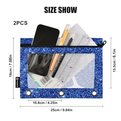 Personalized Pencil Pouch for 3 Ring Binder Blue Glitter Texture Custom Pencil Pouches Case Binder Cosmetic Bag 2 Pack for Office School College Supplies - color: Blue Glitter