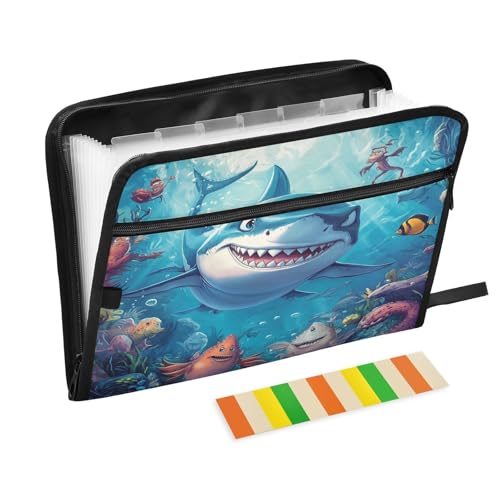 Cartoon Shark in Ocean Accordion File Organizer Expanding Document Folder with 13 Pockets Portable File Folder for A4 Letter Size - color: Cartoon Shark in Ocean