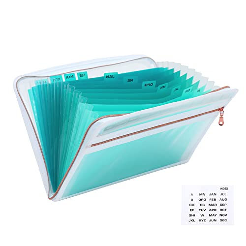 MEGREZ Expanding File Folder with 13 Pockets, A4 Paper File Folder with Zipper Color Labels, Waterproof Accordion File Folder Organizer for Home Office, Green-Clear - color: Green- Clear