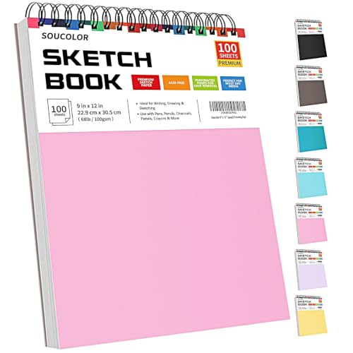 Soucolor Cute Sketch Book 9" x 12" Drawing Paper,Pink Teen Girls Sketchbook | 100 Sheets,68lb Acid-free paper,No Bleed-through,Micro-Perforated,Lay-Flat Top Spiral,Great Gift for Women,School Art - color: Pink, size: 9" x 12" (Pack of 1)