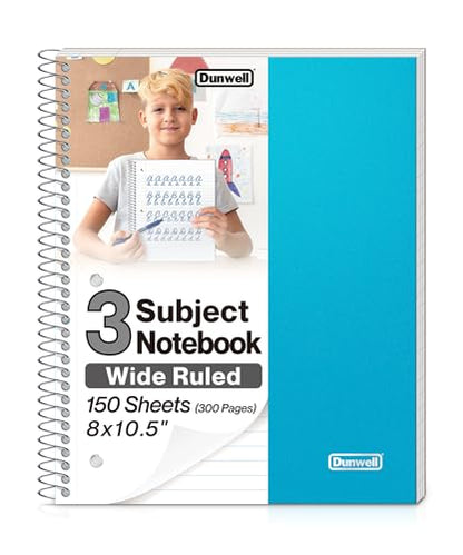 Dunwell 3-Subject Spiral Notebook, (Blue) Plastic Cover, 150 Sheets (300 Pages) Wide Ruled 8x10.5 Paper, 3-Hole Punched Perforated Pages, 3 Divider Folders with Pockets - color: Blue