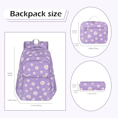 Glodwheat Daisy Printed Backpack For Girls- 3Pc Set With Lunch Box & Pencil Case, Lightweight Water-Resistant Bookbag For Elementary School - color: Purple