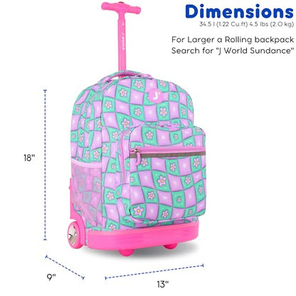 J World Sunrise Kids Rolling Backpack with Wheels for Girls Boys, Roller Bookbag for School, 18 x 13 x 9 Inches, Puffy Flower - color: Puffy Flower