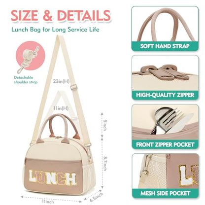 Lunch Bag for Girls and Women, Cute Preppy Lunch Bag with Chenille Letters, Insulated Large Capacity Lunch Tote with Detachable Strap for School, Work & Picnic, Coffee - color: Coffee
