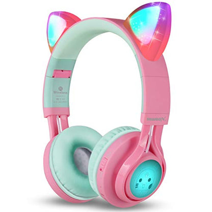Riwbox CT-7 Cat Ear Kids Bluetooth Headphones, LED Light Up Bluetooth Wireless Over Ear Headphones with Microphone and Volume Control for Travel/School/Smartphones/Laptop/PC/TV (Pink&Green) - color: Pink&Green