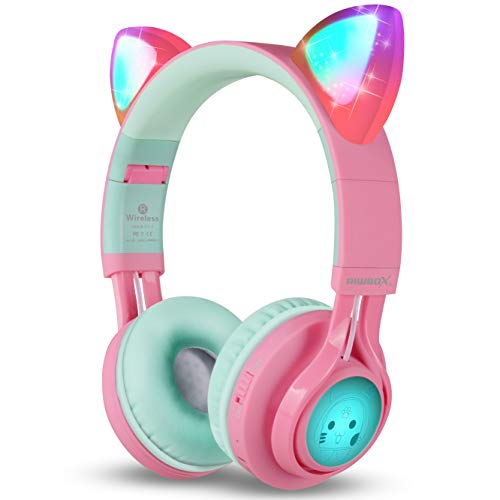 Riwbox CT-7 Cat Ear Kids Bluetooth Headphones, LED Light Up Bluetooth Wireless Over Ear Headphones with Microphone and Volume Control for Travel/School/Smartphones/Laptop/PC/TV (Pink&Green) - color: Pink&Green