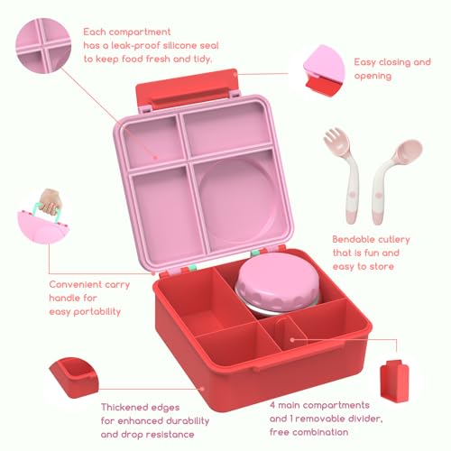Bento Box for Kids - Leak-Proof Bento Lunch Box with Insulated Thermo Food Jar - 4 Compartments, 1 Removable Divider, 1 Spoon, 1 Fork - Dishwasher Safe, BPA-Free (Pink) - color: Pink