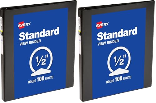 Avery Standard View 3 Ring Binder, 0.5" Round Rings, 100-Sheet Capacity, 0.7 Inch Wide Spine, 1 Black Binder, Ideal for Lightweight Organization and Occasional Referencing (05751) (Pack of 2) - size: 1 Count (Pack of 2)