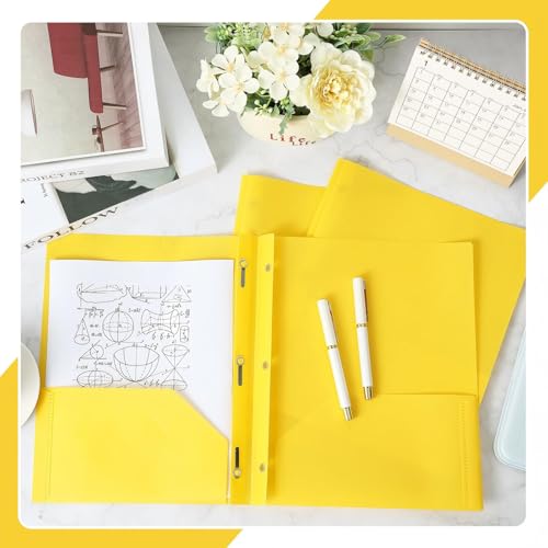 Yeaqee 30 Pcs Plastic Folders with Pockets and Prongs Plastic Folder 2 Pockets 3 Prongs with Card Slot for Office, School for Students, Teachers, Office Workers (Yellow) - color: Yellow