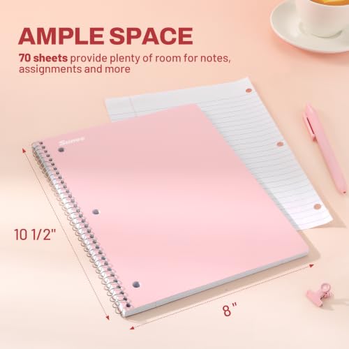 SUNEE Spiral Notebooks, 3 Pack, 1-Subject, College Ruled Paper, 8" x 10-1/2", 70 Sheets per Notebook, Pink - color: Pink