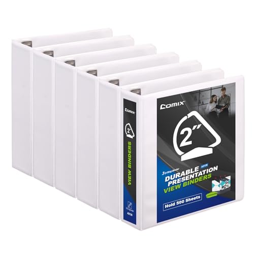 COMIX Sturdy 2 Inch D-Ring 3 Ring Binder with Clear View Cover | 2"Heavy Duty D-Ring,PVC-Free 2.4mm Board,Holds 500 Letter Sheets,Commercial Bulk for Corporate Offices,6 Pack (White) - color: White, size: 2-Inch, style: 6 Pack