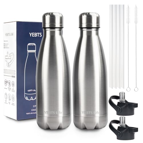 Insulated Water Bottle, 2 Pack-12oz Stainless Steel Water Bottles with straw lid, Metal Sports Water Bottles for Boys,Girls, Double Wall Vacuum BPA-Free Flask for School,Sports & Travel-Silver - color: Silver/2 pack, size: 12 Ounces