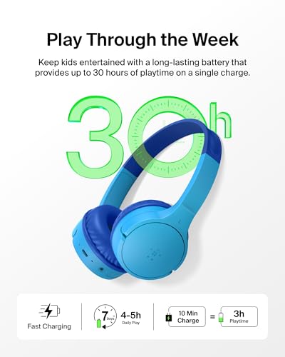 Belkin SoundForm Mini - Wireless Bluetooth Kids Headphones, 30H Battery, 85dB Safe Volume Limit, Built-in Microphone - Toddler On-Ear Earphones for iPhone, iPad - Ideal for School - Blue w/Case - color: Blue, style: Wireless (USB-C) + Case