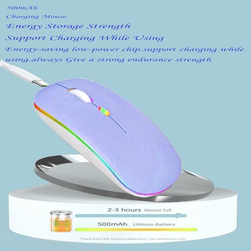 LED Wireless Mouse, Slim Silent Dual-Mode 2.4G+BT Rechargable 7-Color Portable Mobile Optical Office Mouse with USB Receiver, 3 Adjustable DPI Levels for Notebook, PC, Computer, MacBook (Purple) - color: Purple