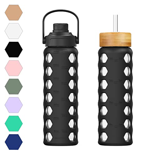 MUKOKO 24oz Glass Water Bottle, Black | Glass Tumbler with Straw, Drinking Bottles with 2 Lids-Handle Spout Lid & Bamboo Straw Lid, Silicone Sleeve, 1 Pack - color: Black, size: 24 Ounces