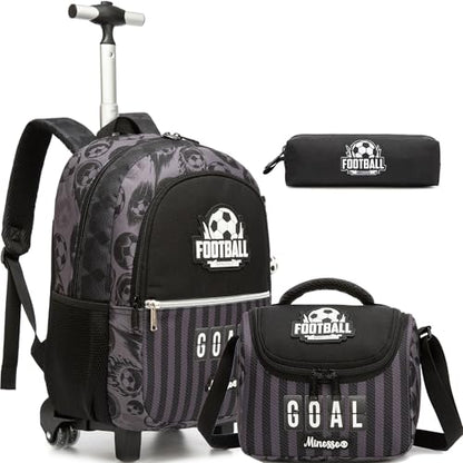 Kids Rolling Backpack for Boys 16.5" School Roller Backpack with Lunch Box, Toddler Backpacks with Wheels Rollig Wheeled Backpacks for Elementary School - color: Black Football