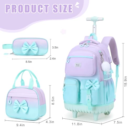 Bevalsa Rolling Backpack for Girls, Roller Backpack with Wheels, Cute Bow Wheeled School Bookbag Set with Lunch Bag & Pen Case, Suitcases for Kids Teens Elementary Middle Student (Purple Green) - color: Purple Green