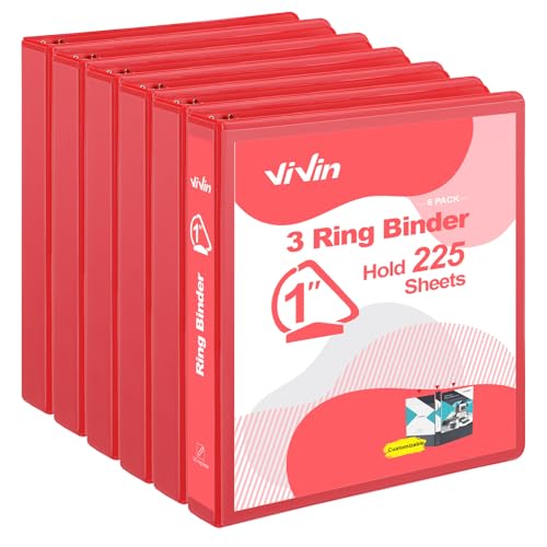 ViVin 튼튼한 2.5cm(1인치) D 링 바인더, 포켓 2개가 있는 링 바인더 3개, 사무실, 가정, 학교용, 미국 레터 사이즈 용지 225장 보관, 6팩 (레드) - color: 레드, size: 1인치