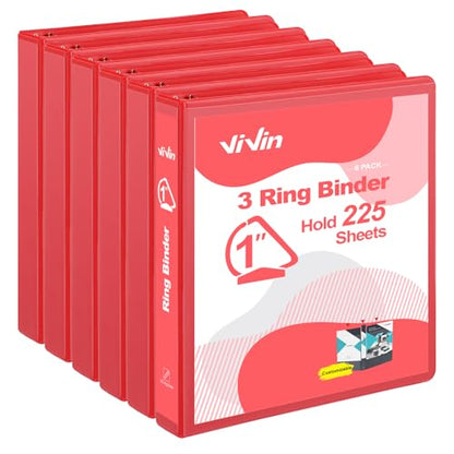ViVin Sturdy 1 Inch D Ring Binders, 3 Ring Binders with 2 Pockets, Hold 225 Sheets of US Letter Size Paper for Office,Home,School, 6 Pack (Red) - color: Red, size: 1 Inch